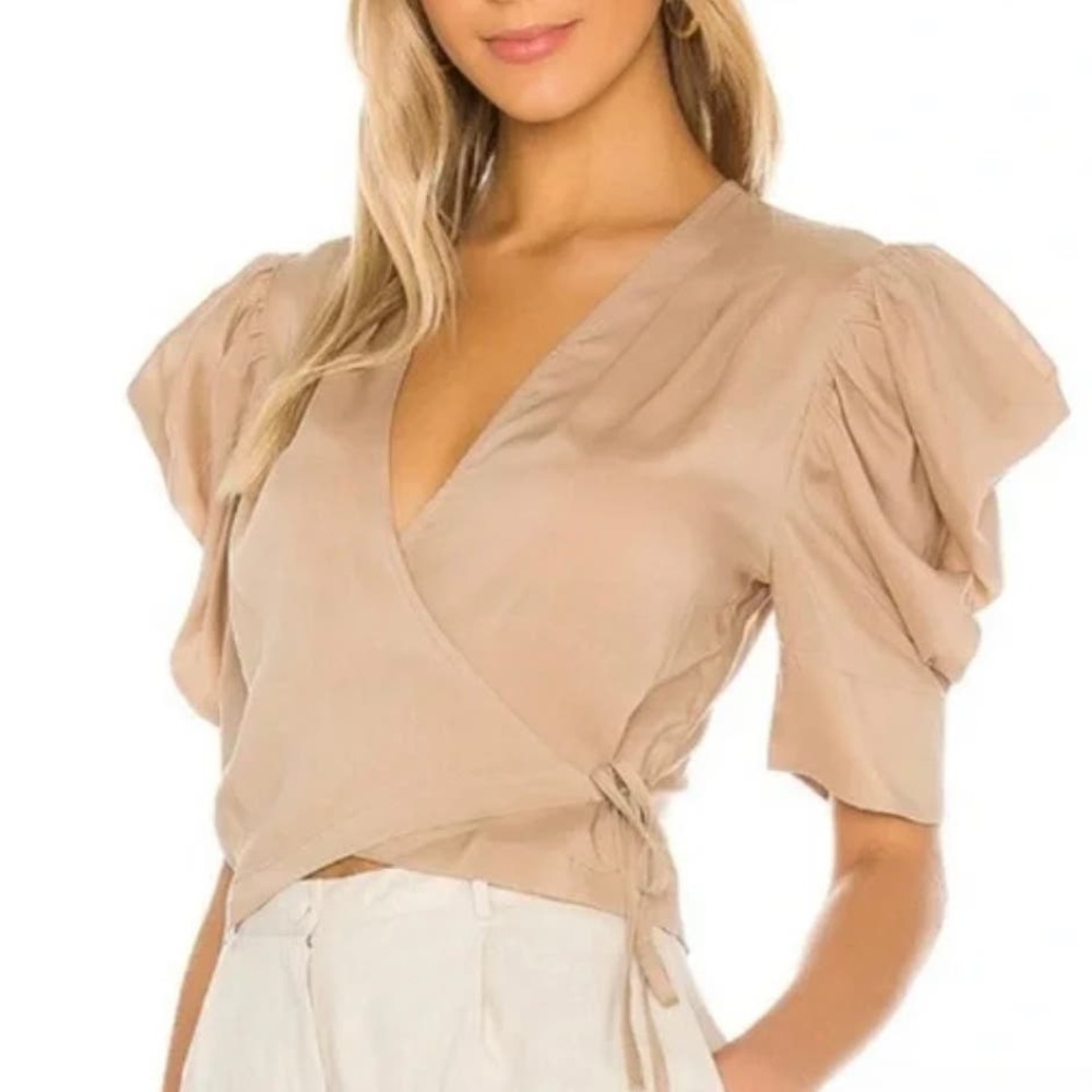 REVOLVE Taupe Wrap Puff-Sleeve Top